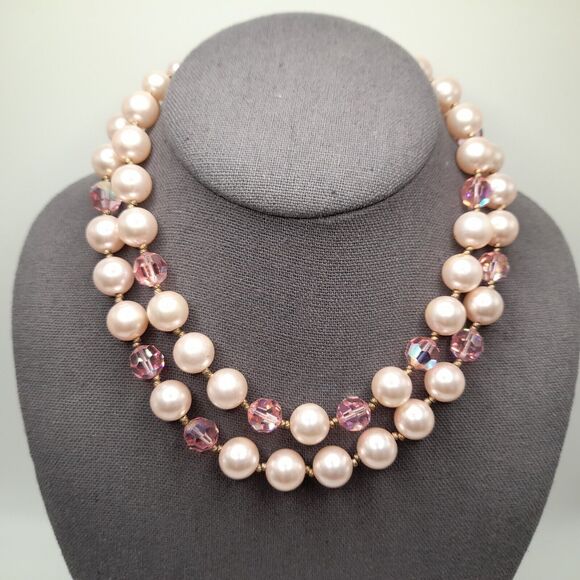 Vintage Pink Faux Pearls Pink Crystals Choker Necklace 1950s - Picture 2 of 11